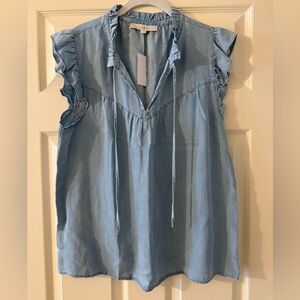 LOFT Chambray V-Neck Ruffle Sleeve Tunic in Light Blue NWT